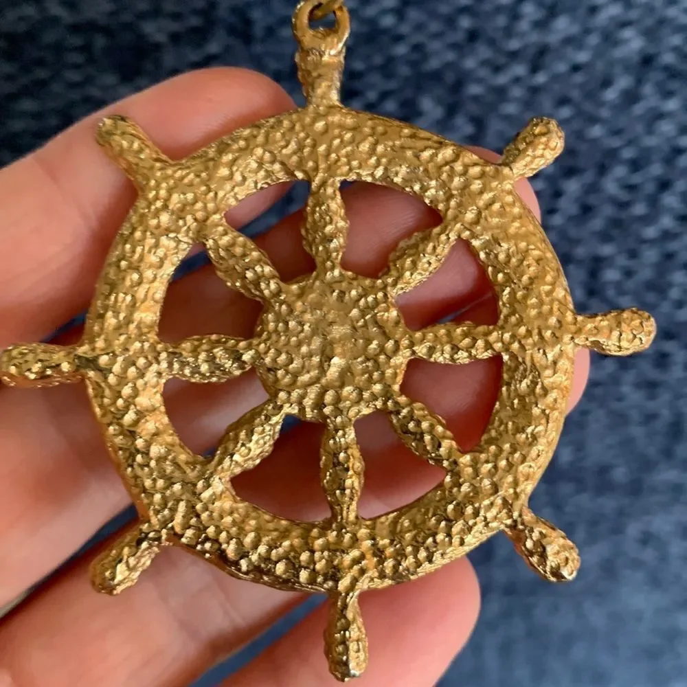 Vintage Chunky Gold Compas White Blue Nautical Costal Necklace‎ USA patriotic